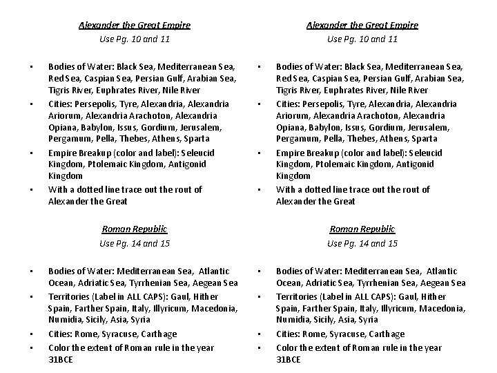 Alexander the Great Empire Use Pg. 10 and 11 • • Bodies of Water: