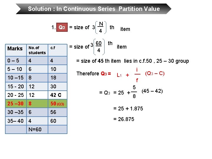 Solution : In Continuous Series Partition Value 1. Q 3 = size of 3