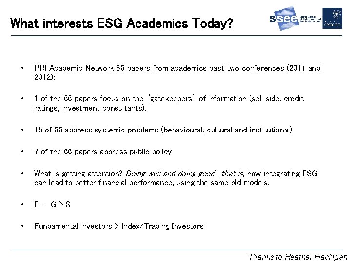 What interests ESG Academics Today? • PRI Academic Network 66 papers from academics past