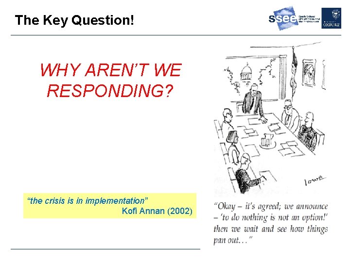 The Key Question! WHY AREN’T WE RESPONDING? “the crisis is in implementation” Kofi Annan