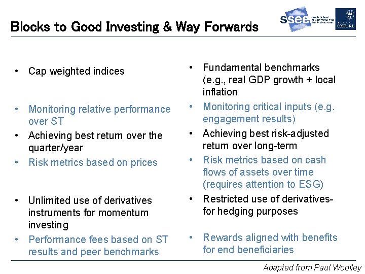 Blocks to Good Investing & Way Forwards • Cap weighted indices • Monitoring relative