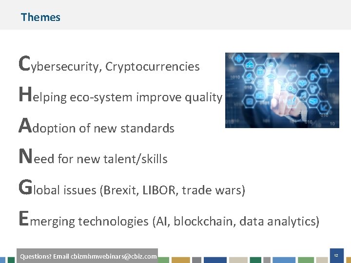 Themes Cybersecurity, Cryptocurrencies Helping eco-system improve quality Adoption of new standards Need for new