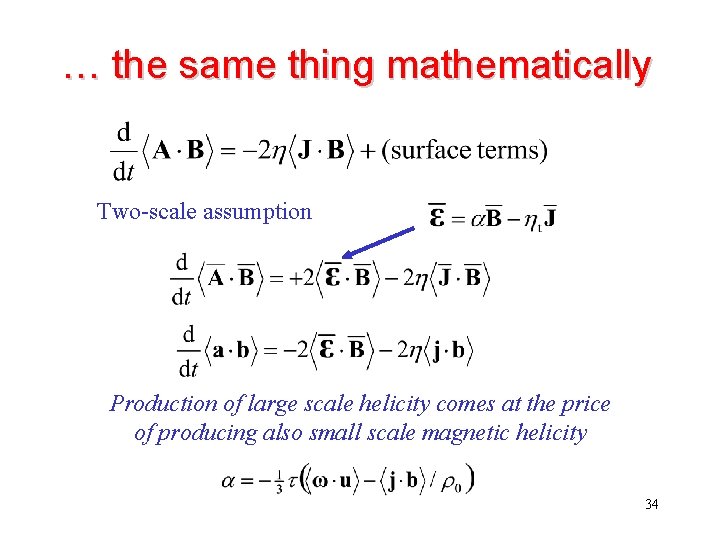 … the same thing mathematically Two-scale assumption Production of large scale helicity comes at