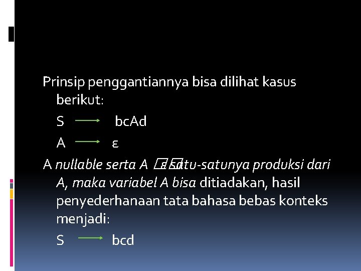 Prinsip penggantiannya bisa dilihat kasus berikut: S bc. Ad A ε A nullable serta