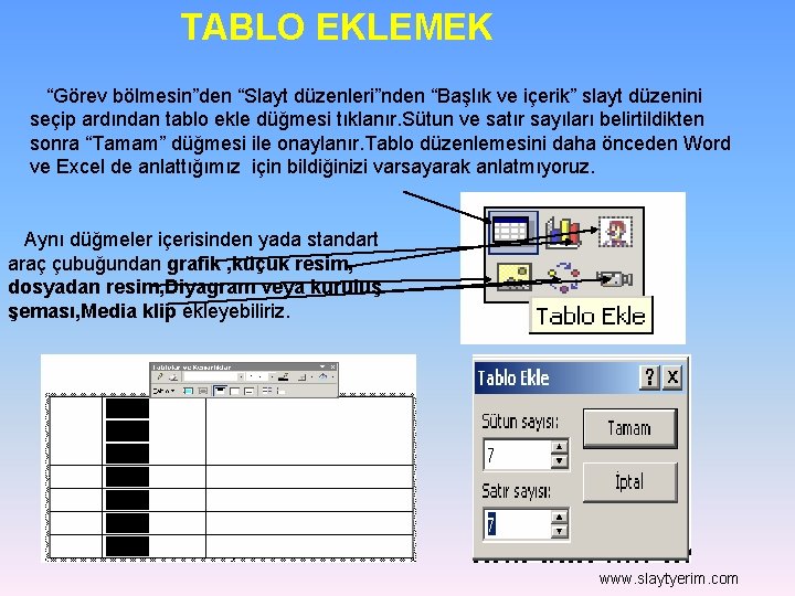 TABLO EKLEMEK “Görev bölmesin”den “Slayt düzenleri”nden “Başlık ve içerik” slayt düzenini seçip ardından tablo