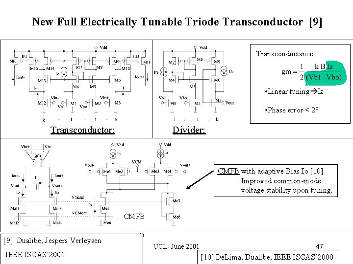 New Full Electrically Tunable Triode Transconductor [9] Transconductance: • Linear tuning Iz • Phase