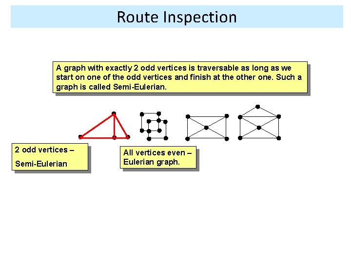 Route Inspection A graph with exactly 2 odd vertices is traversable as long as