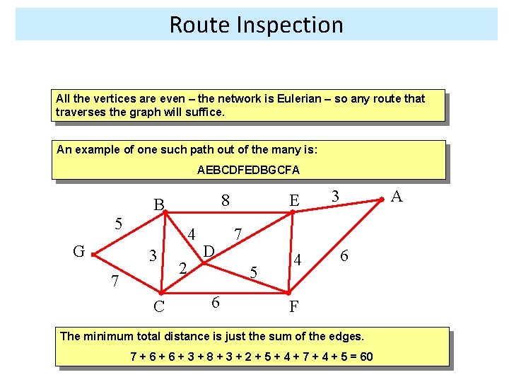 Route Inspection All the vertices are even – the network is Eulerian – so