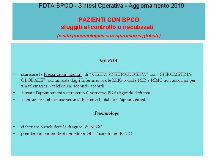 PDTA BPCO - Sintesi Operativa - Aggiornamento 2019 PAZIENTI CON BPCO sfuggiti al controllo