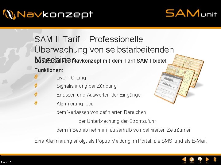 SAM II Tarif –Professionelle Überwachung von selbstarbeitenden Maschinen Das Portal von Navkonzept mit dem