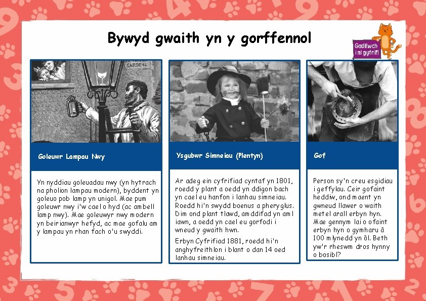 Bywyd gwaith yn y gorffennol Goleuwr Lampau Nwy Ysgubwr Simneiau (Plentyn) Gof Yn nyddiau