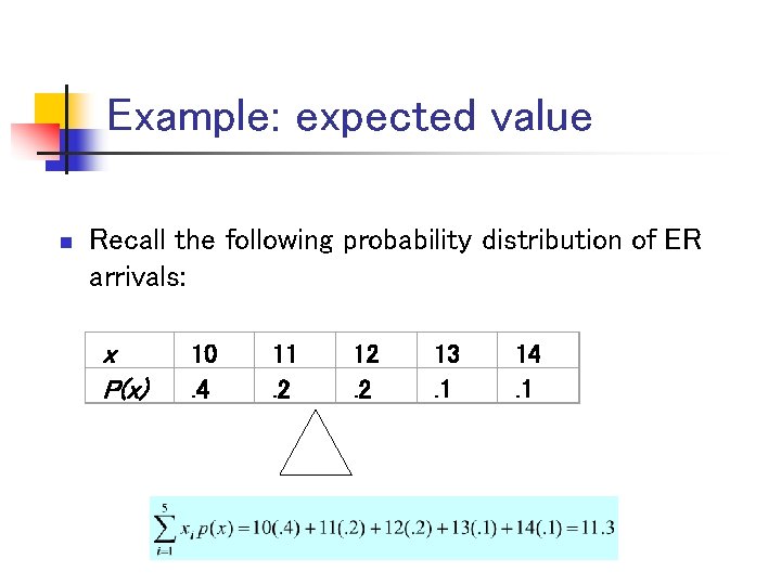 Example: expected value n Recall the following probability distribution of ER arrivals: x P(x)