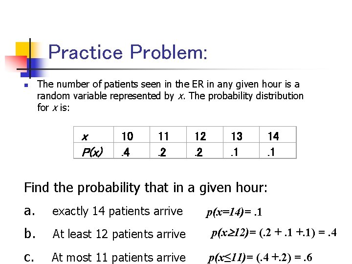 Practice Problem: n The number of patients seen in the ER in any given