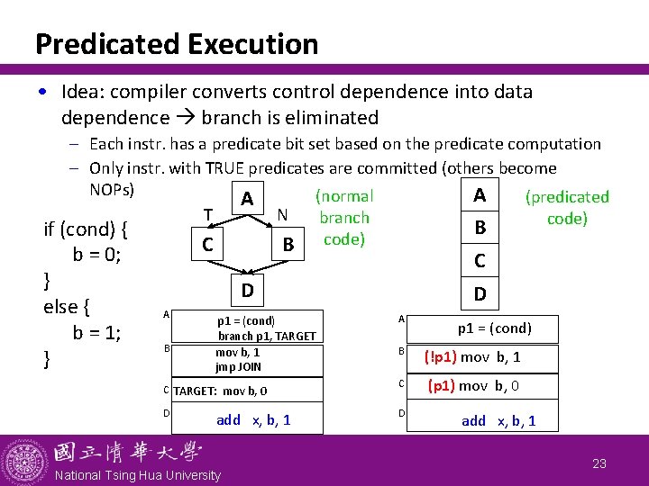 Predicated Execution • Idea: compiler converts control dependence into data dependence branch is eliminated
