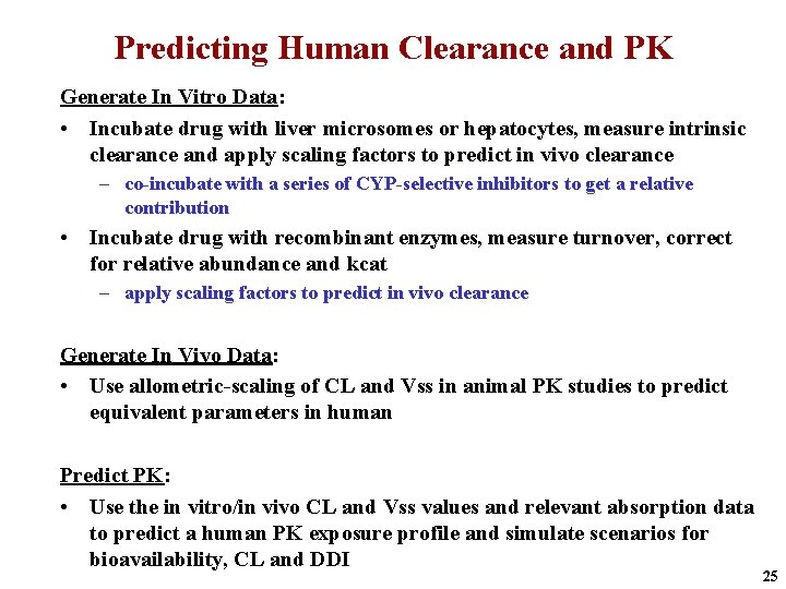 Predicting Human Clearance and PK Generate In Vitro Data: • Incubate drug with liver