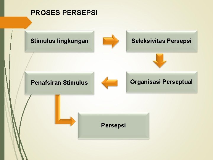 PROSES PERSEPSI Stimulus lingkungan Seleksivitas Persepsi Penafsiran Stimulus Organisasi Perseptual Persepsi 