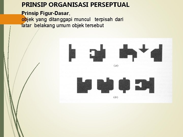 PRINSIP ORGANISASI PERSEPTUAL Prinsip Figur-Dasar, objek yang ditanggapi muncul terpisah dari latar belakang umum