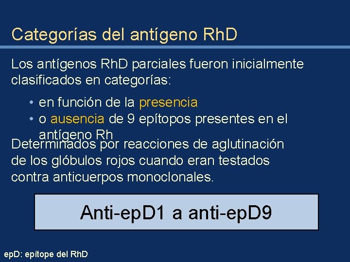 Categorías del antígeno Rh. D Los antígenos Rh. D parciales fueron inicialmente clasificados en