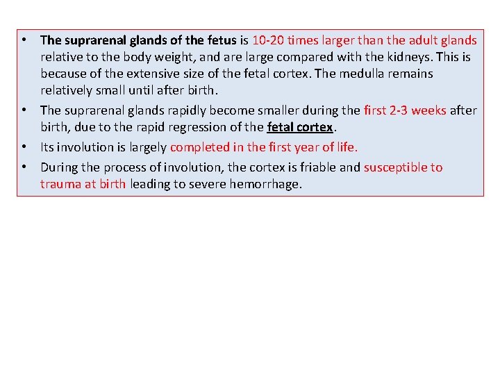  • The suprarenal glands of the fetus is 10 -20 times larger than