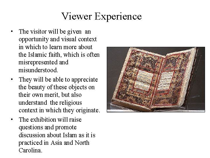 Viewer Experience • The visitor will be given an opportunity and visual context in
