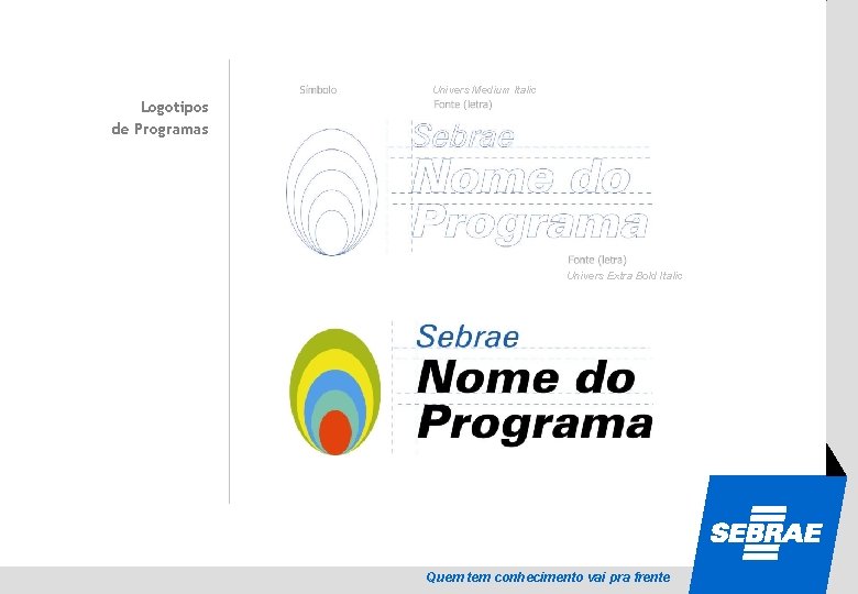 Univers Medium Italic Logotipos de Programas SEBRAE Univers Extra Bold Italic Quem tem conhecimento