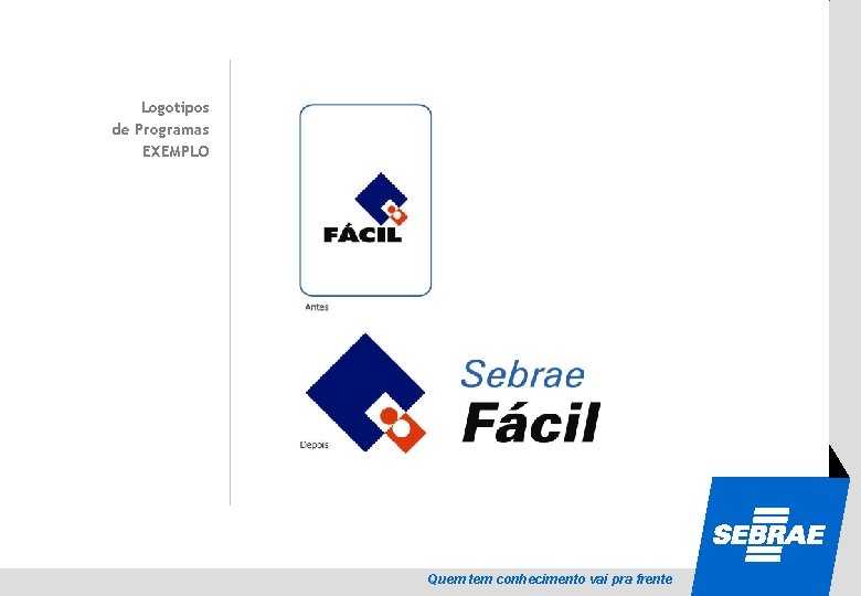 SEBRAE Logotipos de Programas EXEMPLO Quem tem conhecimento vai pra frente 