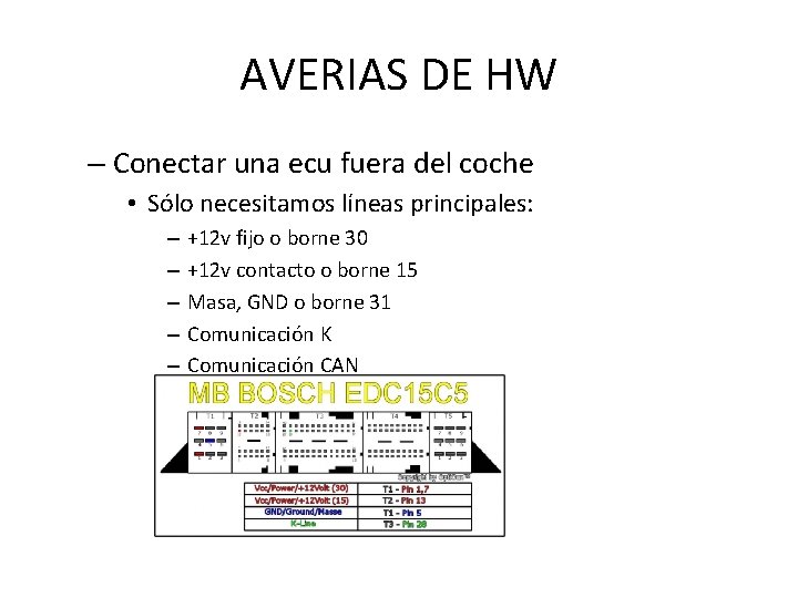 AVERIAS DE HW – Conectar una ecu fuera del coche • Sólo necesitamos líneas