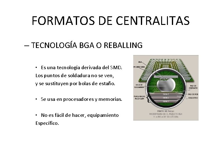 FORMATOS DE CENTRALITAS – TECNOLOGÍA BGA O REBALLING • Es una tecnología derivada del