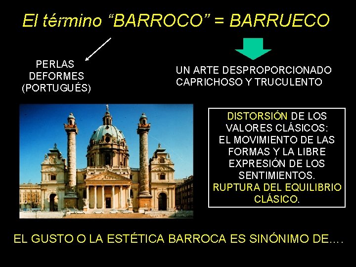 El término “BARROCO” = BARRUECO PERLAS DEFORMES (PORTUGUÉS) UN ARTE DESPROPORCIONADO CAPRICHOSO Y TRUCULENTO