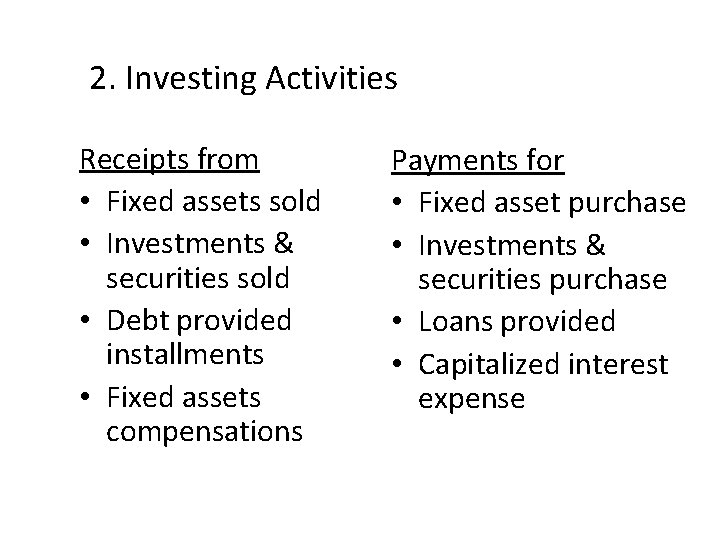 2. Investing Activities Receipts from • Fixed assets sold • Investments & securities sold 2. Investing Activities Receipts from • Fixed assets sold • Investments & securities sold