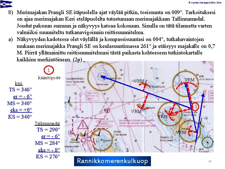 © Suomen Navigaatioliitto 2016 8) Merimajakan Prangli SE itäpuolella ajat väylää pitkin, tosisuunta on