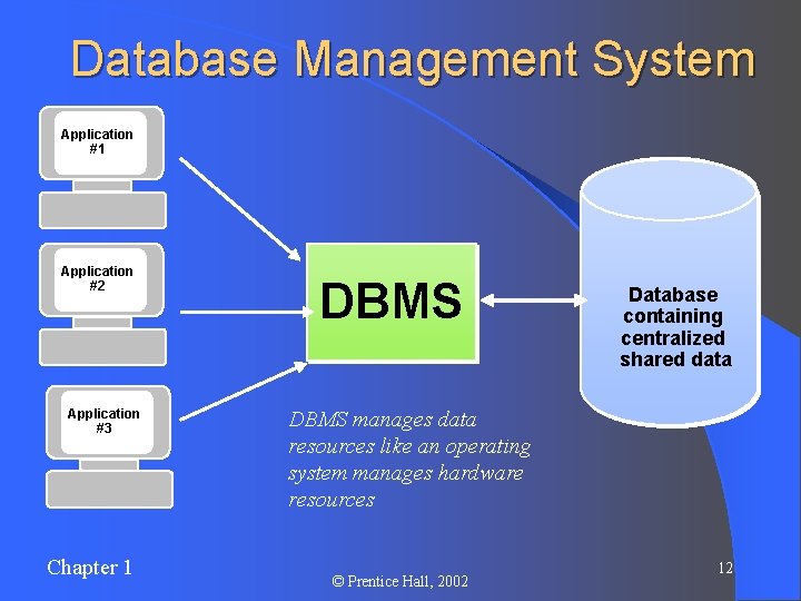 Database Management System Application #1 Application #2 Application #3 Chapter 1 DBMS Database containing Database Management System Application #1 Application #2 Application #3 Chapter 1 DBMS Database containing