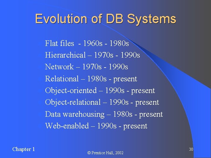 Evolution of DB Systems l l l l Chapter 1 Flat files - 1960 Evolution of DB Systems l l l l Chapter 1 Flat files - 1960