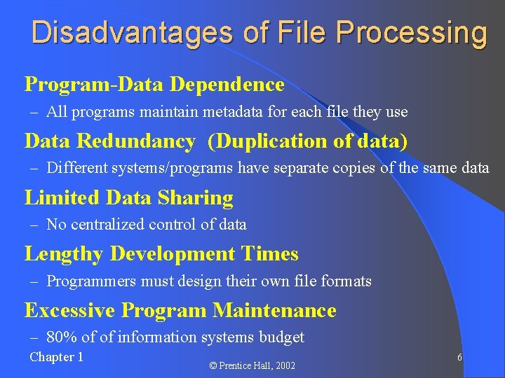 Disadvantages of File Processing l Program-Data Dependence – All programs maintain metadata for each Disadvantages of File Processing l Program-Data Dependence – All programs maintain metadata for each