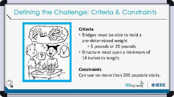 Defining the Challenge: Criteria & Constraints Criteria • Bridges must be able to hold