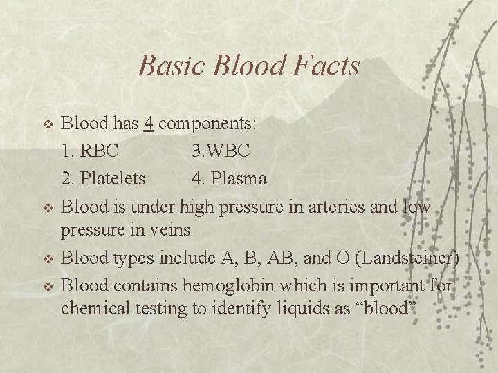 Basic Blood Facts v v Blood has 4 components: 1. RBC 3. WBC 2.