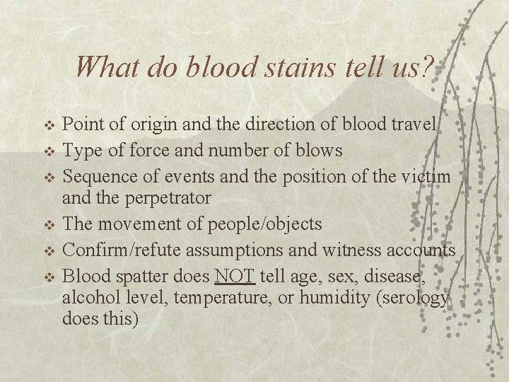 What do blood stains tell us? v v v Point of origin and the