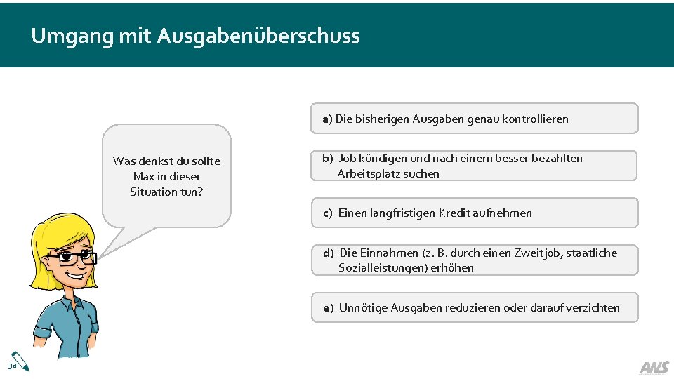 Umgang mit Ausgabenüberschuss a) Die bisherigen Ausgaben genau kontrollieren Was denkst du sollte Max