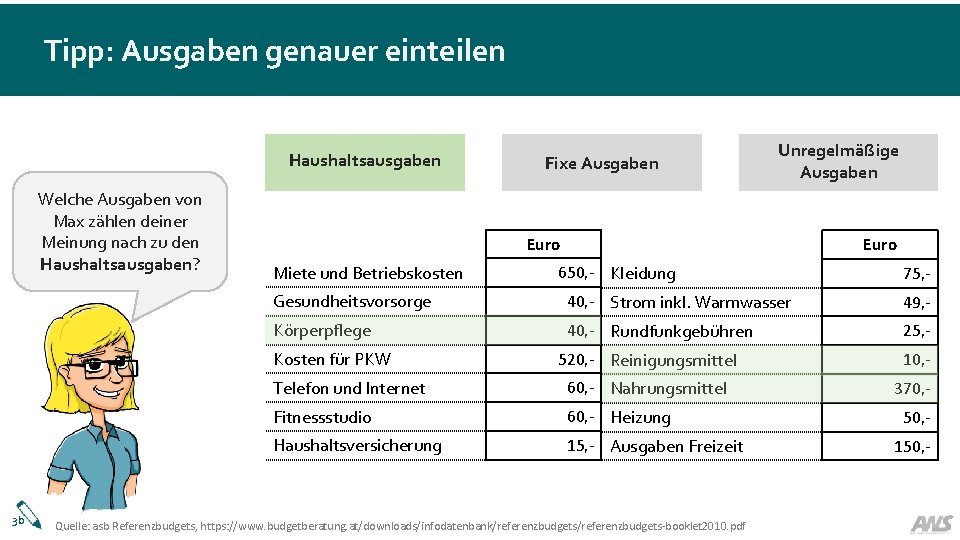 Tipp: Ausgaben genauer einteilen Haushaltsausgaben Welche Ausgaben von Max zählen deiner Meinung nach zu