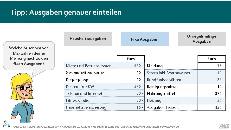 Tipp: Ausgaben genauer einteilen Haushaltsausgaben Welche Ausgaben von Max zählen deiner Meinung nach zu