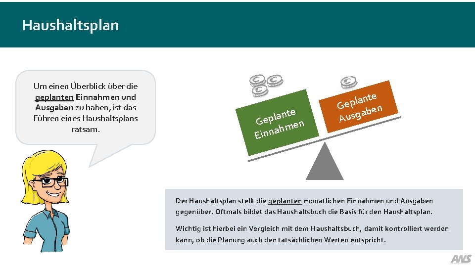 Haushaltsplan Um einen Überblick über die geplanten Einnahmen und Ausgaben zu haben, ist das