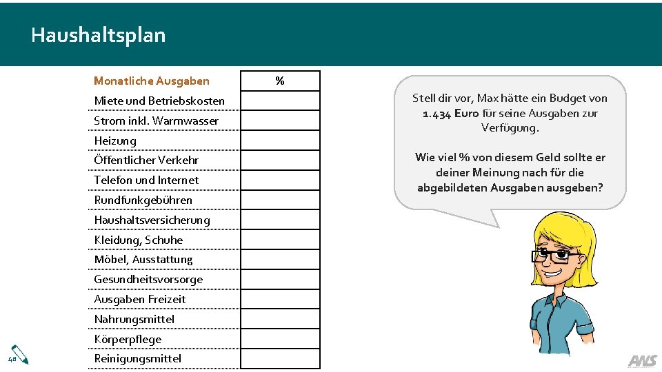 Haushaltsplan Monatliche Ausgaben Miete und Betriebskosten Strom inkl. Warmwasser Heizung Öffentlicher Verkehr Telefon und