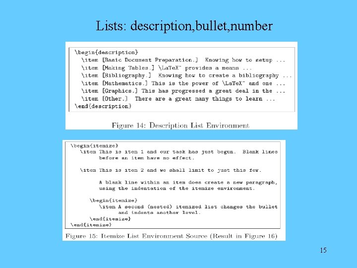 Lists: description, bullet, number 15 
