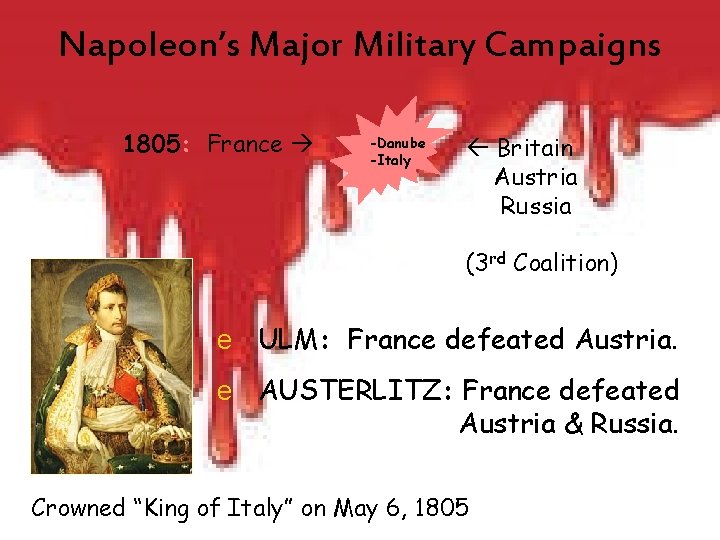 Napoleon’s Major Military Campaigns 1805: France -Danube -Italy Britain Austria Russia (3 rd Coalition)