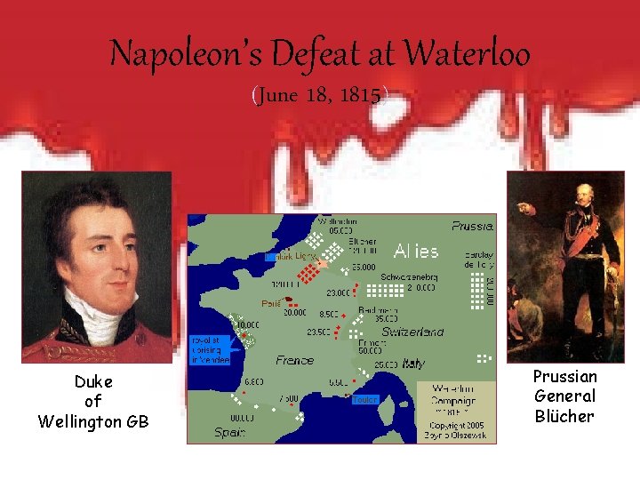 Napoleon’s Defeat at Waterloo (June 18, 1815) Duke of Wellington GB Prussian General Blücher