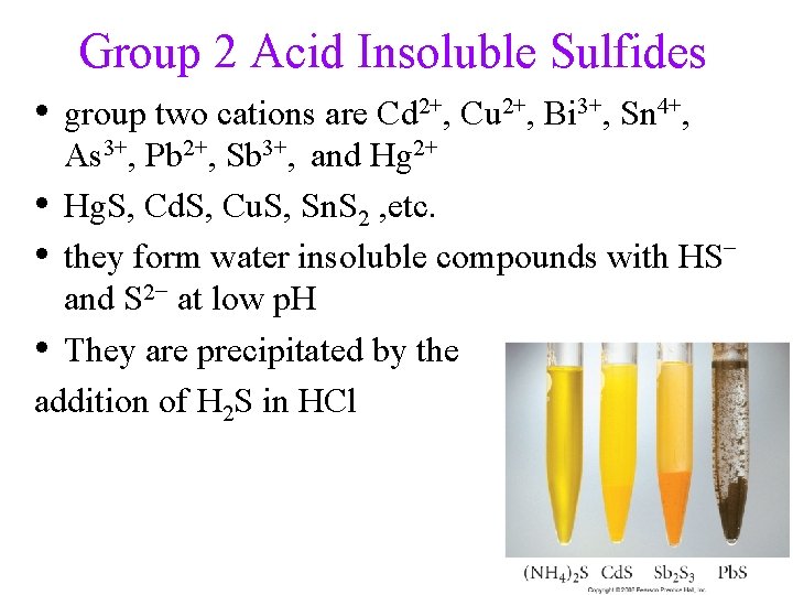 Group 2 Acid Insoluble Sulfides • group two cations are Cd 2+, Cu 2+,