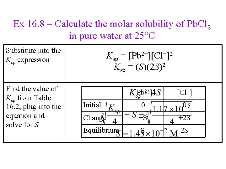 Ex 16. 8 – Calculate the molar solubility of Pb. Cl 2 in pure