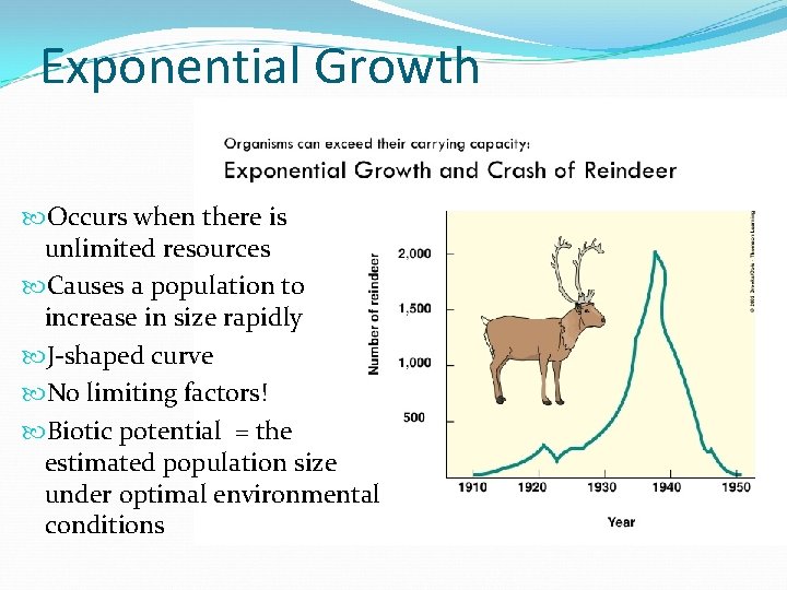 Exponential Growth Occurs when there is unlimited resources Causes a population to increase in