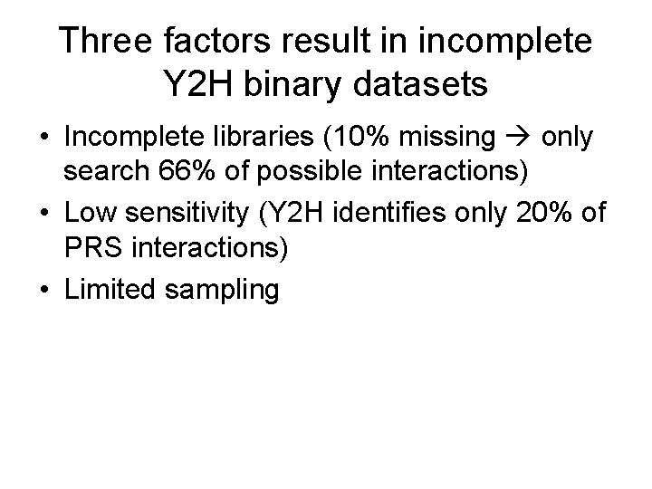 Three factors result in incomplete Y 2 H binary datasets • Incomplete libraries (10%