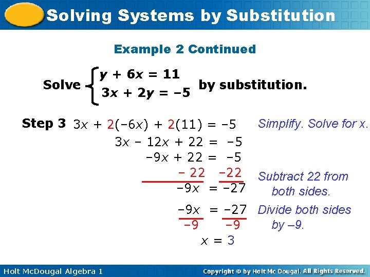 Solving Systems by Substitution Example 2 Continued Solve y + 6 x = 11